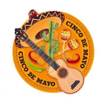 Cinco de mayo fiesta holiday, happy May party celebration in Mexico, vector. Cinco de Mayo Mexican holiday fiesta sombrero hat and maracas, guitar, chili peppers and cactus, traditional celebration