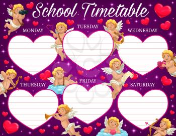Valentine day child school timetable with amours characters. Kids lessons program, education week planner template. Cupids with lyre, horn and bow, cherubs or angels characters on cloud cartoon vector