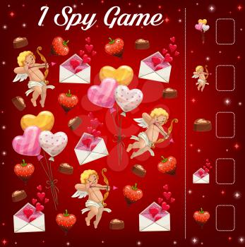 Child Saint Valentine day I spy game with cherubs and holiday gifts. Kids puzzle with counting activity, educational riddle. Cupid aiming arrow, balloons and sweets, romantic letter cartoon vector