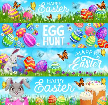 Happy Easter egg hunt, vector cartoon bunnies, painted eggs and cakes on meadow with flowers, green grass blades and butterflies. Easter holidays postcards with cute rabbits and festive decoration