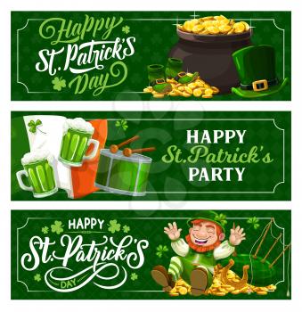 St. Patrick Day Irish festival holiday vector banners. Cartoon leprechaun in green top hat on gold coins with horseshoe, flag, shamrock clover and bagpipes. Ireland Saint Patricks day festival party