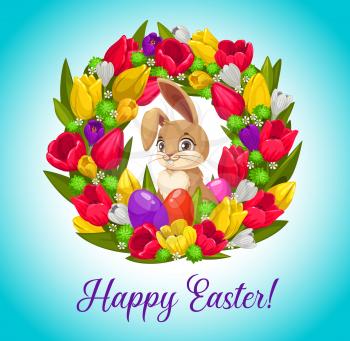 Happy Easter vector greeting card with bunny inside of flower wreath with painted eggs. Cartoon round frame of poppy, crocuses and chamomile blossoms. Happy Easter holiday postcard with cute rabbit