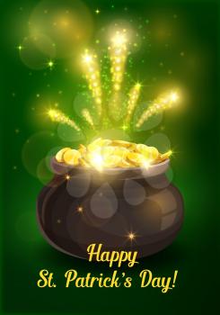 St Patricks Day Irish leprechaun gold pot vector design of religion holiday. Celtic elf or dwarf treasure cauldron full of gold coins greeting card, decorated with golden lights and glowing sparkles