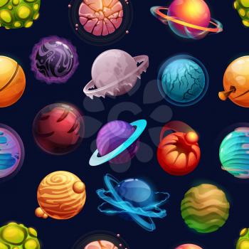 Cartoon futuristic planets and stars seamless pattern, vector background of fantasy galaxy space. Alien world space planets with satellite, orbit rings, atmosphere and energy halo on dark sky backdrop
