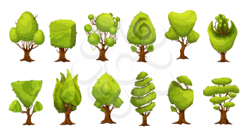 Cartoon fantasy forest and jungle trees. Fantastic game asset isolated trees set. Decorative landscape plants and shrubs. Vector natural park objects with green trimmed crown and brown trunks