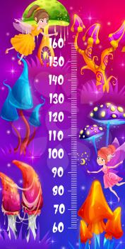 Kids height chart with cartoon magic mushrooms, fairy and sorceress. Children growth meter with fairytale creatures, forest fairies with magic wand, fantasy glowing vibrant colors mushrooms in grass