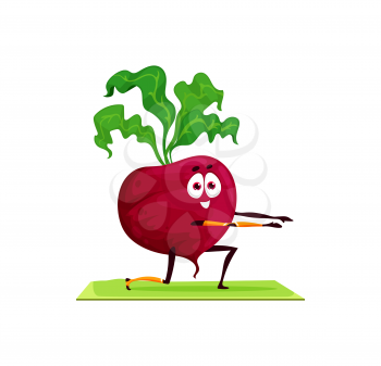 Cartoon beetroot with green leaves sport exercises trainings on mat isolated cartoon character. Vector fresh veggies hobby sport activity, healthy beet vegetable active way of life, fitness workout