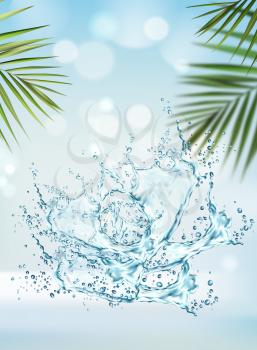 Water wave splash and palm leaves realistic background. Blue aqua droplets and bubbles on vector sunlight bokeh and beach palm branch backdrop. Summer vacation in tropics, travel paradise
