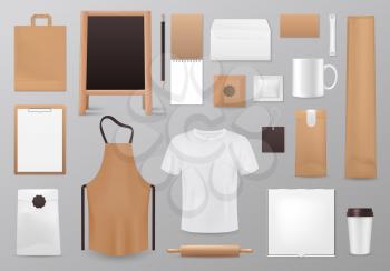 Cooking identity vector mockup. Realistic 3d blank tshirt, chalkboard menu and paper bag, notepad with pen, clip board and cup. Apron, disposable mug and packages, roller pin, envelope and wipes set