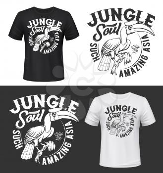 Great hornbill bird t-shirt print mockups. Asian jungles exotic bird with horn on big beak sitting on tree branch monochrome engraved vector. Tropical nature fauna, wild life clothing print template