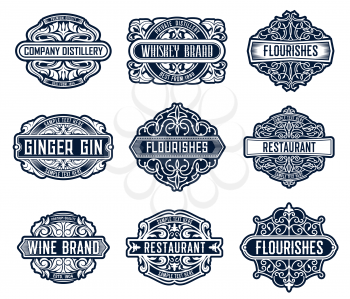 Flourishes vector labels, luxury templates with floral ornament. Business signs, brand identity for restaurant, distillery company, wine store. Royal boutique or cafe elegant isolated emblems set