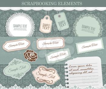 Scrapbooking elements, vector paper stickers on background with retro flourishes. Design elements for scrapbook decoration, borders, tags and labels for text and notes or messages in vintage style set