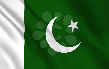 Pakistani flag, Pakistan country national identity, vector design white moon and star on green background. Foreign language learning, international business, travel, realistic 3d waving Pakistan flag