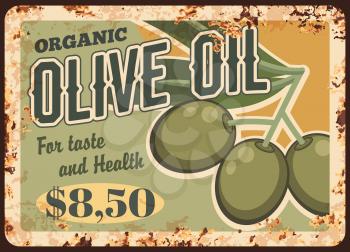 Olive oil rusty metal plate, vector fresh extra virgin oil. Ripe olives on branches vintage rust tin sign, price tag for market or store. Raw fruit cooking ingredient for salads and gourmet meals