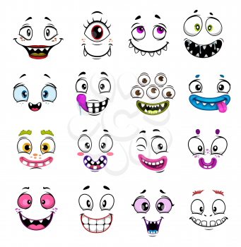 Cute monster faces cartoon design with vector Halloween emoticons and emojis. Funny demon, zombie or vampire, happy alien, cyclop and troll, gremlin and ghost with crazy smiles and eyes, comic smileys