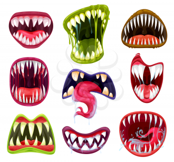 Halloween monster mouths, teeth and tongues cartoon vector set. Scary devil and vampire smiles, crazy horror faces of alien beasts and angry zombies with sharp fangs, saliva, lips and blood drops