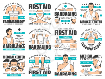 First aid and wound bandaging vector icons. Accident injury emergency ward and trauma ambulance service. Traumatology first aid medical center, arm and leg head and shoulder fracture symbols
