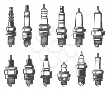 Car spark plugs, isolated vector icons set. Monochrome car ignition system and spark-ignition engine vehicles spare parts. Car service, mechanic garage station and maintenance objects