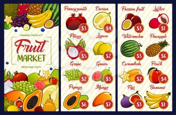 Fruit price, farm market or store vector menu. Durian, watermelon and pineapple, peach and papaya, yellow carambola or starfruit, pitaya, lychee and lemon, grape, mango and guava tropic exotic fruits