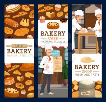 Bakers in bakery shop, bread and pastry. Cartoon chiefs in toque kneading a dough, baking a bread. Sweet desserts cakes and flour, pies and pancakes, muffins and cupcakes, croissant and donut