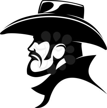Brutal cowboy in leather hat isolated profile. Vector wild west bearded man, american sheriff or bandit