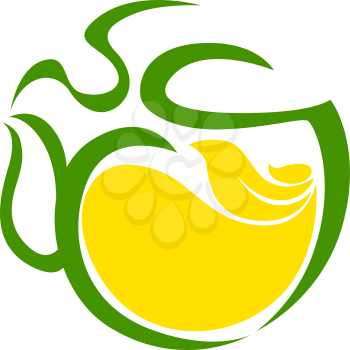 Tea with lemon isolated creative logo. Vector herbal hot drink with citrus fruit and garden herbs