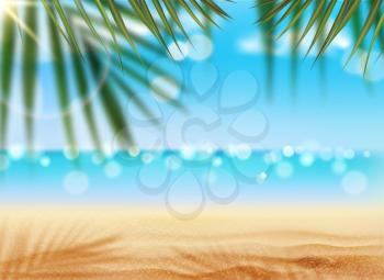 Palm beach landscape with tree silhouettes, sand and ocean waves. Paradise island of summer vacation vector background, blue sky, sun rays and clouds, sparkling water waves and shadows of green leaves