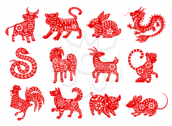 Chinese Zodiac horoscope animals, red papercut characters. Vector monkey, dog, horse, snake and goat, ox, rabbit and rooster, dragon, rat or mouse, tiger and pig, Lunar New Year astrology symbols set