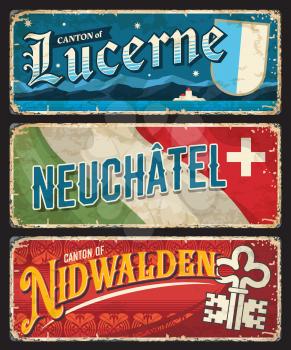 Lucerne, Neuchatel and Nidwalden Swiss cantons plates with vector flags and coat of arms. Luzerne lake landmarks, chapel bridge and Swiss Alps mountains, heraldic shields, cross and key vintage signs