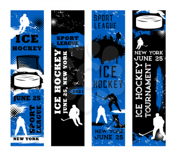 Ice hockey sport grunge banners with players of hockey team, vector pucks, sticks and gate. Ice hockey tournament match flyers with players and play equipment silhouettes, splatters, halftone pattern