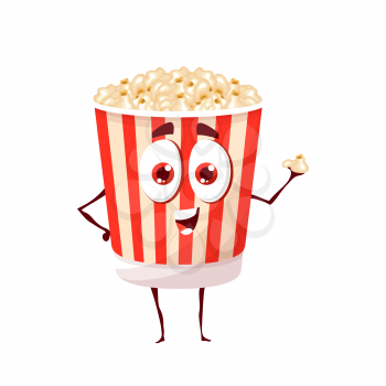 Cartoon funny popcorn character. Vector pop corn bucket with cute smiling face holding snack piece in hand. Fast food for cinema, funny personage with positive emotion, snack in striped paper box