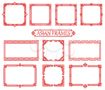 Red asian square or rectangular chinese, japanese or korean frames. Oriental decorative borders with endless, geometric line ornaments. Asian knot dividers, vintage corners and vector frames set