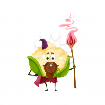 Cauliflower vegetable cartoon wizard character, vector funny magician hold magic staff with red crystal. Wiz or sorcerer with beard and mustaches wear hat and cape. Isolated smiling veggies mage