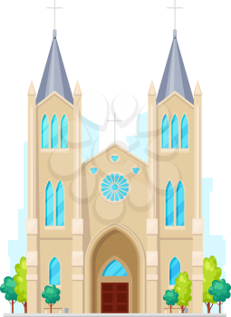 Gothic church with tower and windows isolated religion building. Vector retro cathedral facade