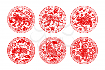 Chinese papercut tigers, Chinese lunar new year and zodiac signs, vector icons. China Asian new year or lunar calendar symbol tiger with paper cut art ornaments of clouds, flowers and coins