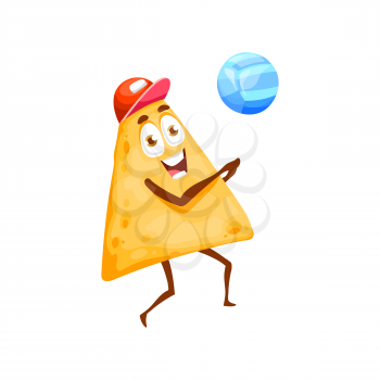 Cute nachos play beach volleyball isolated funny cartoon character in cap. Vector summer sport activity, vacation holiday of traditional mexican food,cute tortilla or tacos emoticon, fastfood snack