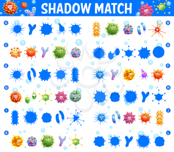 Shadow match maze game with cartoon viruses, microbes and pathogen cells smiling characters. Children education puzzle with matching task, child find shadow riddle and kids playing activity worksheet