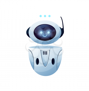 Online consultant chat bot funny robot assistant with glowing eyes and smile isolated chatbot helper and message points sign. Vector customer support service assistant character with antenna