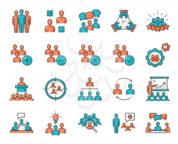 Business team. Discussion, management and brainstorm, meeting and recruitment outline vector icons. Groups of people, teamwork, human resource, partnership and organization, dispute, speech, debate