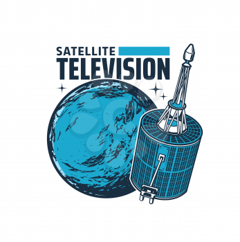 Telecommunication satellite vector icon. Broadcast dish in space with antenna. Television and radio communication broadcasting channel satellite with radar or navigation space station