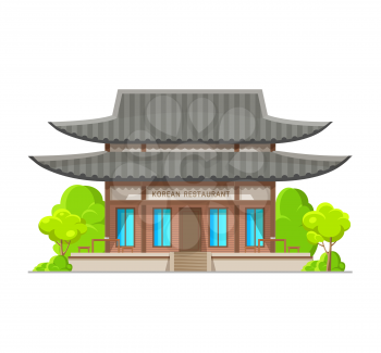 Korean cuisine restaurant building icon, Asian food place architecture, vector. Korean cuisine cafe or authentic dining restaurant facade with oriental bistro entrance and garden trees on terrace