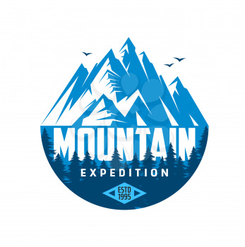 Mountain expedition icon. Vector emblem for tourism and climbing sport with rock tops, coniferous forest and snowy peaks. Outdoor explore activity, extreme and adventure club, travel isolated label