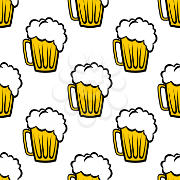 Seamless repeat pattern background of golden tankards of frothy beer or ale suitable for print, wallpaper or fabric design
