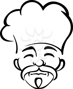 Black and white sketch of a japanese male chef with a goatee and moustache wearing a traditional white toque, head only