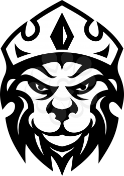 Head of a fierce crowned lion depicting royalty in a black and white design suitable for heraldry
