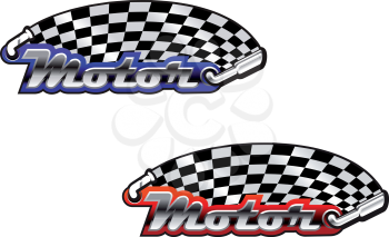 Motor racing icons, in red and blue colour options, depicting the word Motor, with a stylised checkered flag above coming from an exhaust pipe and being spread by a windscreen wiper.