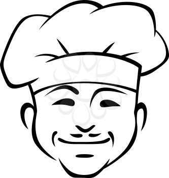 Doodle sketch in black and white of a happy smiling chef with a little moustache wearing a traditional white toque