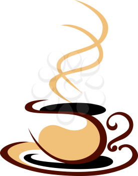 Stylized cartoon vector sketch illustraion in shades of brown of a hot steaming cup of coffee on a white background