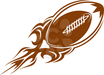 Stylized icon depicting a rugby ball, speeding through the air so fast it leaves a trail of flames. In brown isolated on white background.