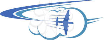 Cartoon vector illustration depicting air travel by jetliner with an aeroplane speeding through the clouds on a curved flight path